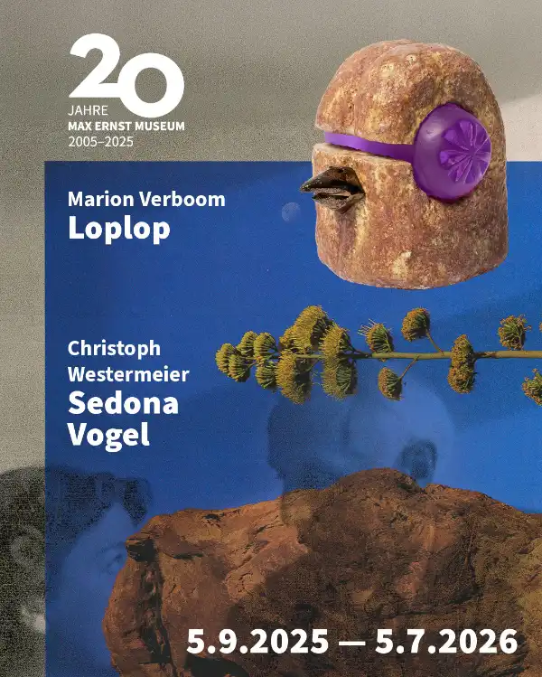 Ausstellung im Max Ernst Museum, Brühl: Marion Verbooms surreale Skulpturen "Loplop" und Christoph Westermeiers Collagen zu Max Ernst. Kunstwerke über Form, Material, kulturelle Aneignung und Surrealismus im lebendigen Museumsraum erleben.