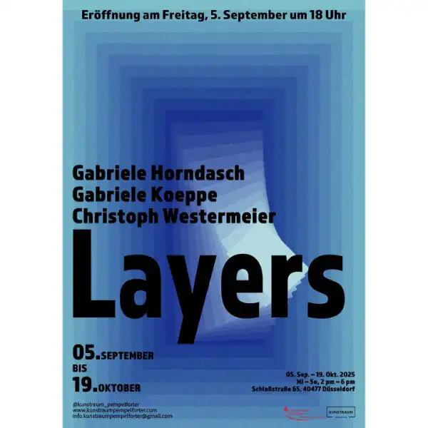 Ausstellung "Layers" im Kunstraum Pempelforter mit Werken von Gabriele Horndasch, Gabriele Koeppe und Christoph Westermeier. Fokus auf Materialschichten, Erinnerung und Medienüberlagerung. Eröffnung 5.9., bis 19.10.