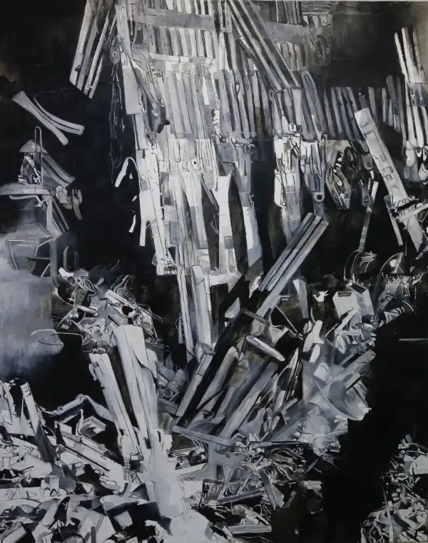 Marlini Wickramasinha: Schwarz-weiß Gemälde und Zeichnungen zeigen Trümmerlandschaften und stille Momente nach dem Chaos. Bildgewaltige Kunst über eingefrorene Zeit und Splitter der Geschichte.