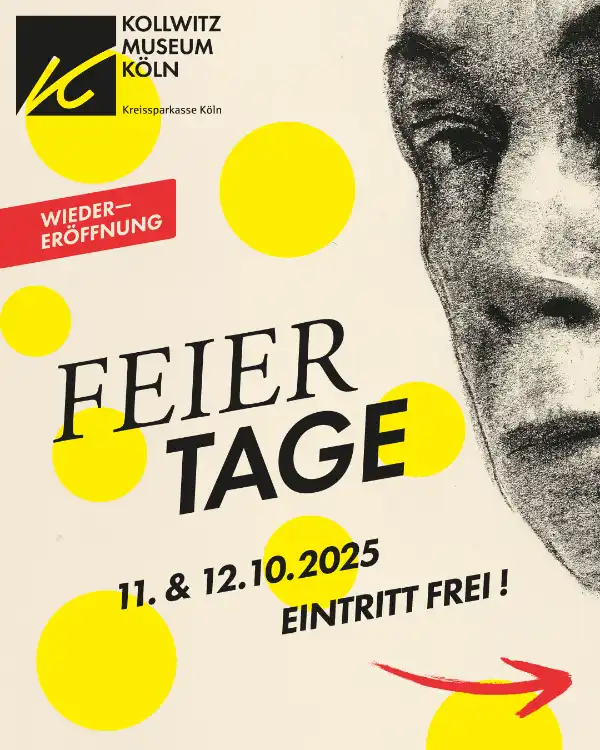 Feier im Käthe Kollwitz Museum Köln mit Besucher:innen, Führungen und Kinderaktionen zur Ausstellungseröffnung.