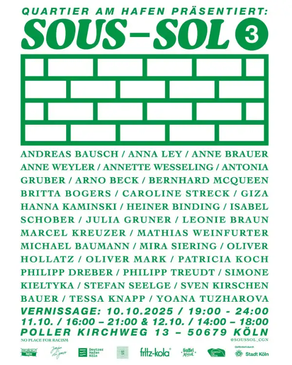 Flyer zur Kunstausstellung und Vernissage SOUS-SOL, Quartier am Hafen Köln Poll