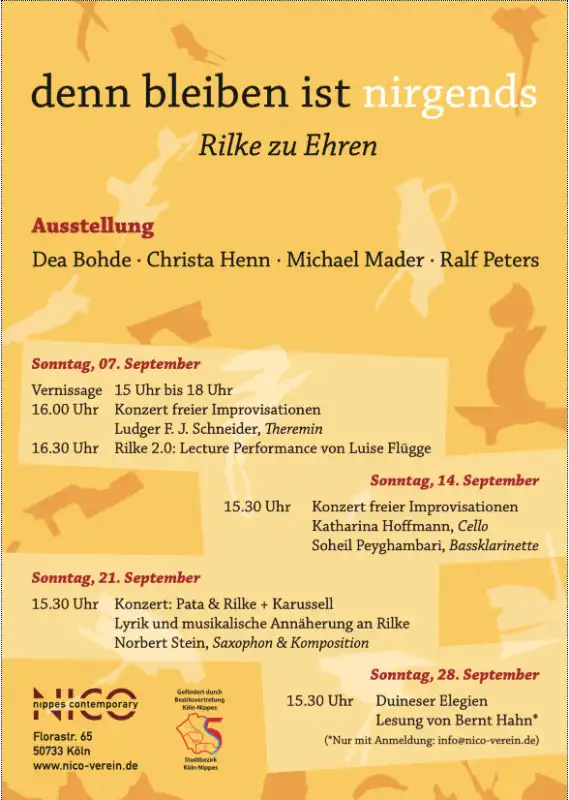 Ausstellung und Programm zu Ehren von Rainer Maria Rilke bei NICO in Nipper Köln