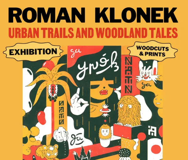 Flyer mit farbigem Holzschnittdruck Kunstausstellung un dvernissage von Roman Klonek in Köln