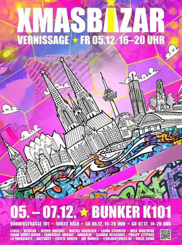 Flyer zum Xmasbazar Bunker k101 Ehrenfeld mit Ausstellung und Vernissage