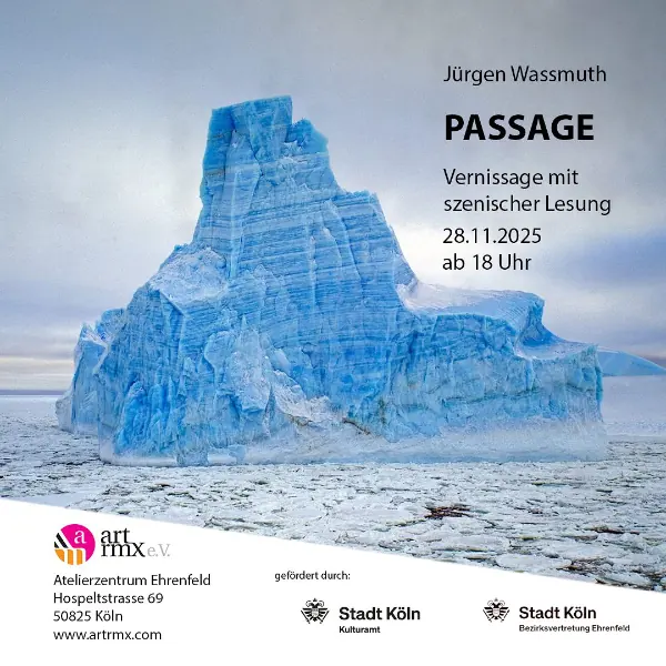 Flyer zu Kunstausstellung mit Vernissage von Jürgen Wassmuth in artrmx Köln
